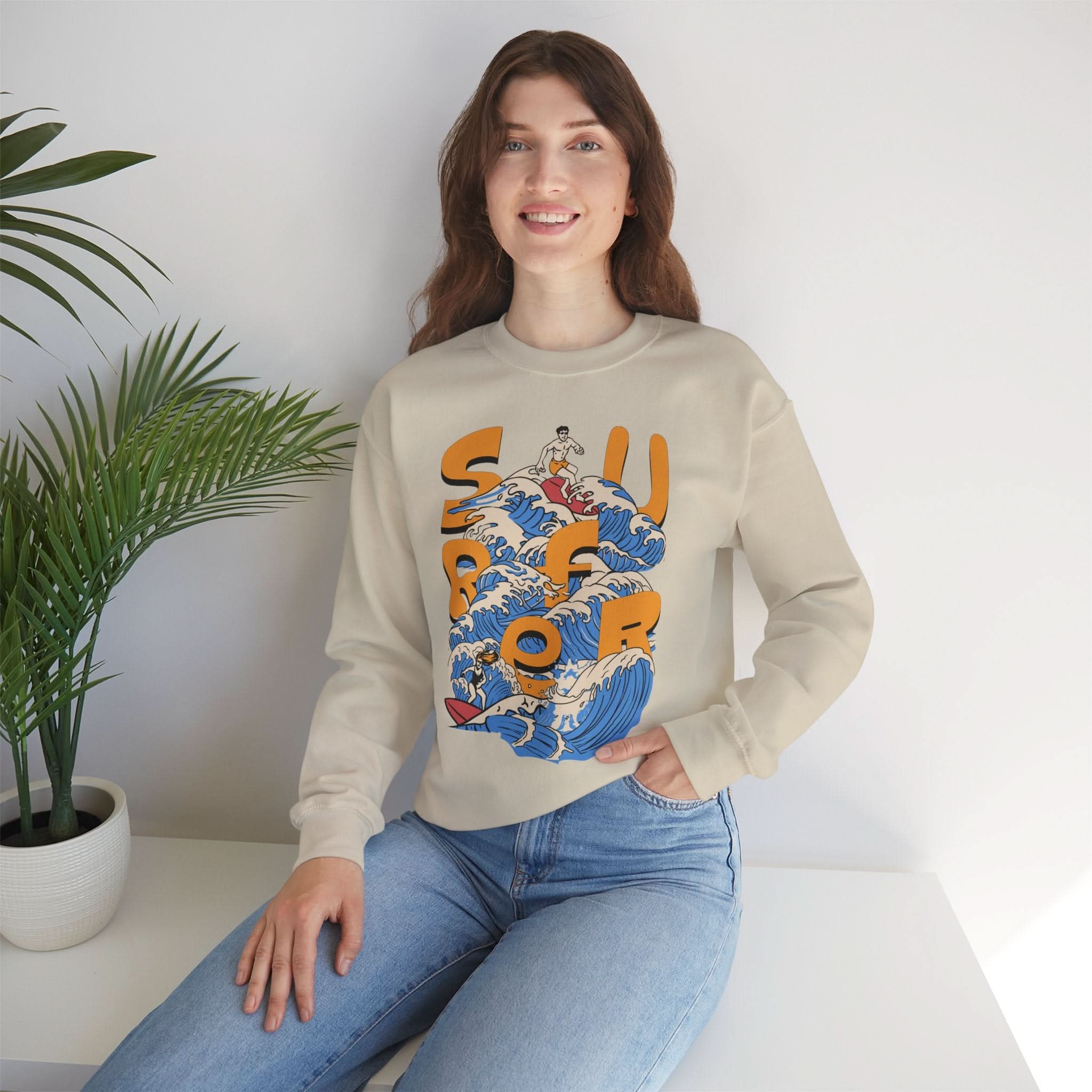 Surf-Inspired Unisex Crewneck Sweatshirt, Cozy Beachwear, Casual Ocean Vibe, Perfect for Surfing Lovers, Gift for Ocean Enthusiasts