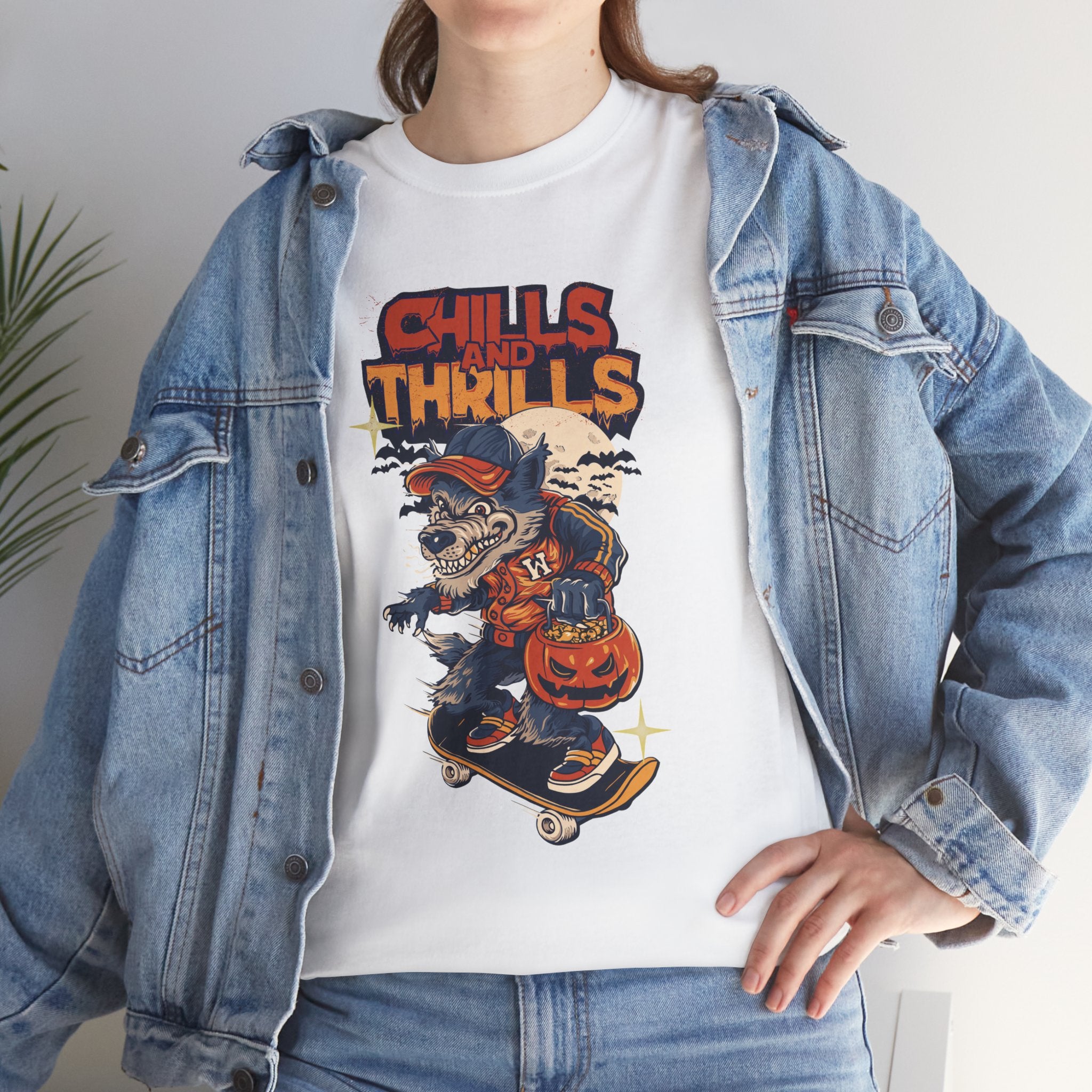Halloween Skateboard Tee, Chills and Thrills Graphic T-Shirt, Unisex Cotton Shirt, Fall Fashion, Halloween Costume, Gift for Skaters