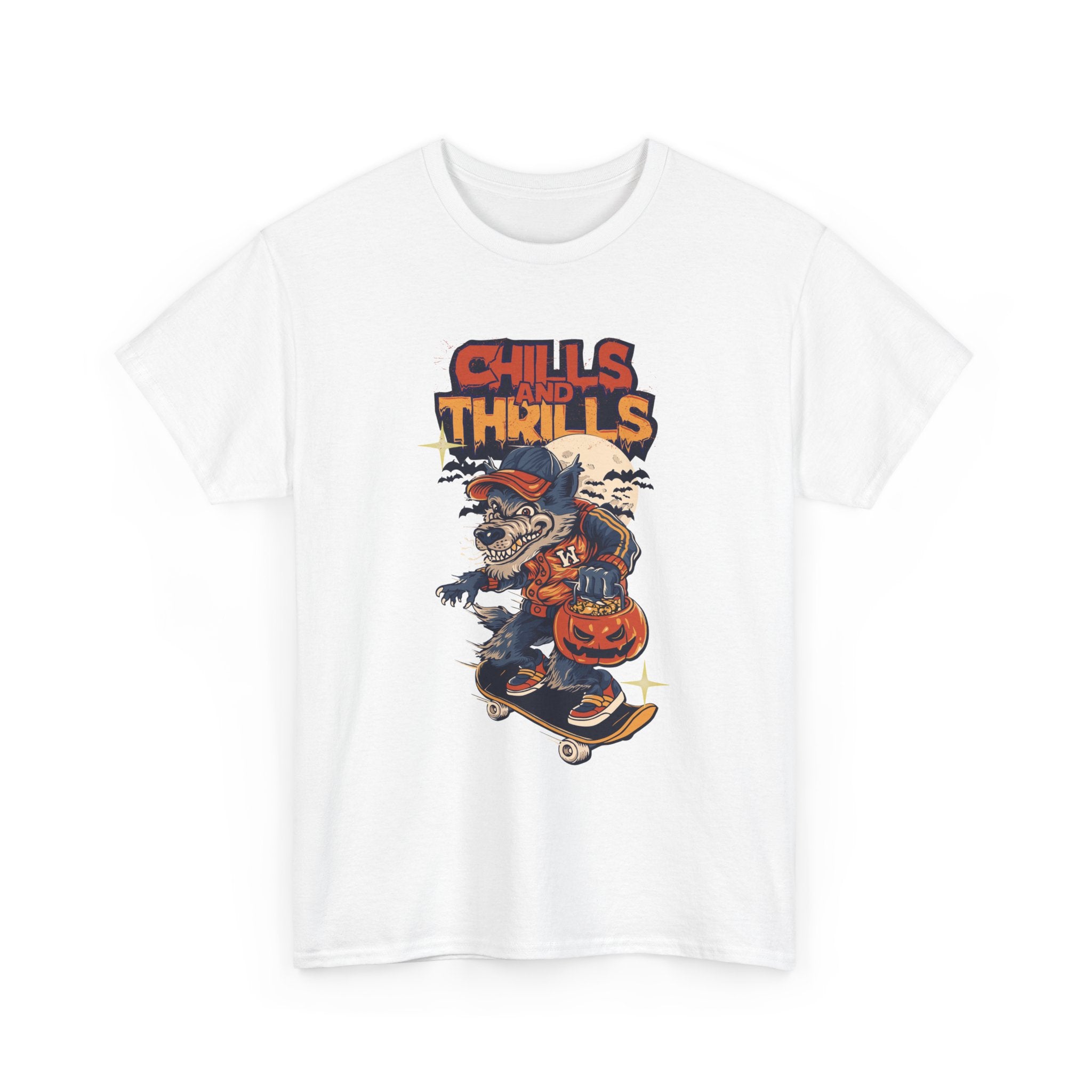 Halloween Skateboard Tee, Chills and Thrills Graphic T-Shirt, Unisex Cotton Shirt, Fall Fashion, Halloween Costume, Gift for Skaters