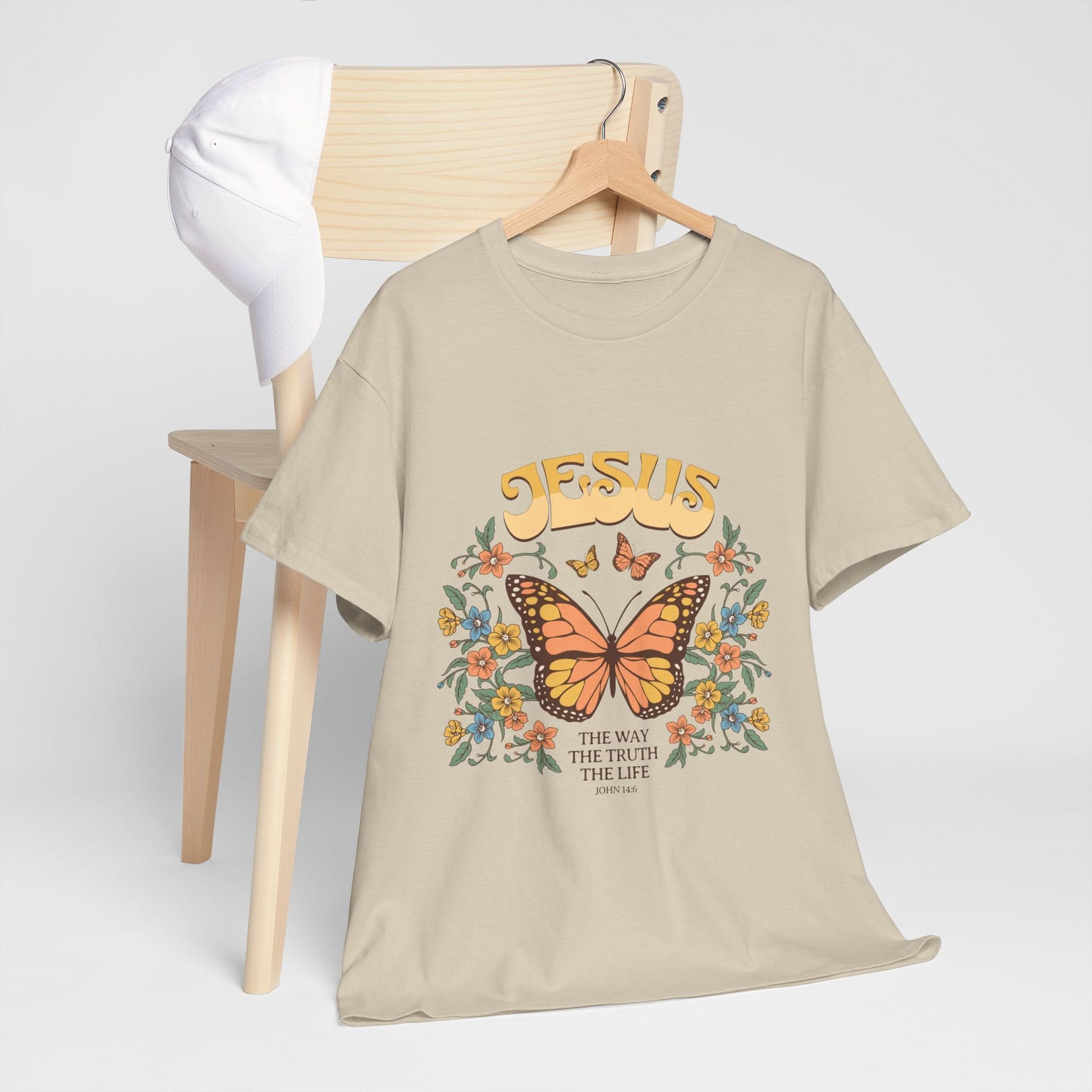 Bohemian Jesus Tee, Vintage Butterfly T-Shirt, Spiritual Apparel, Faith-based Graphic Tee, Unisex Heavy Cotton Shirt