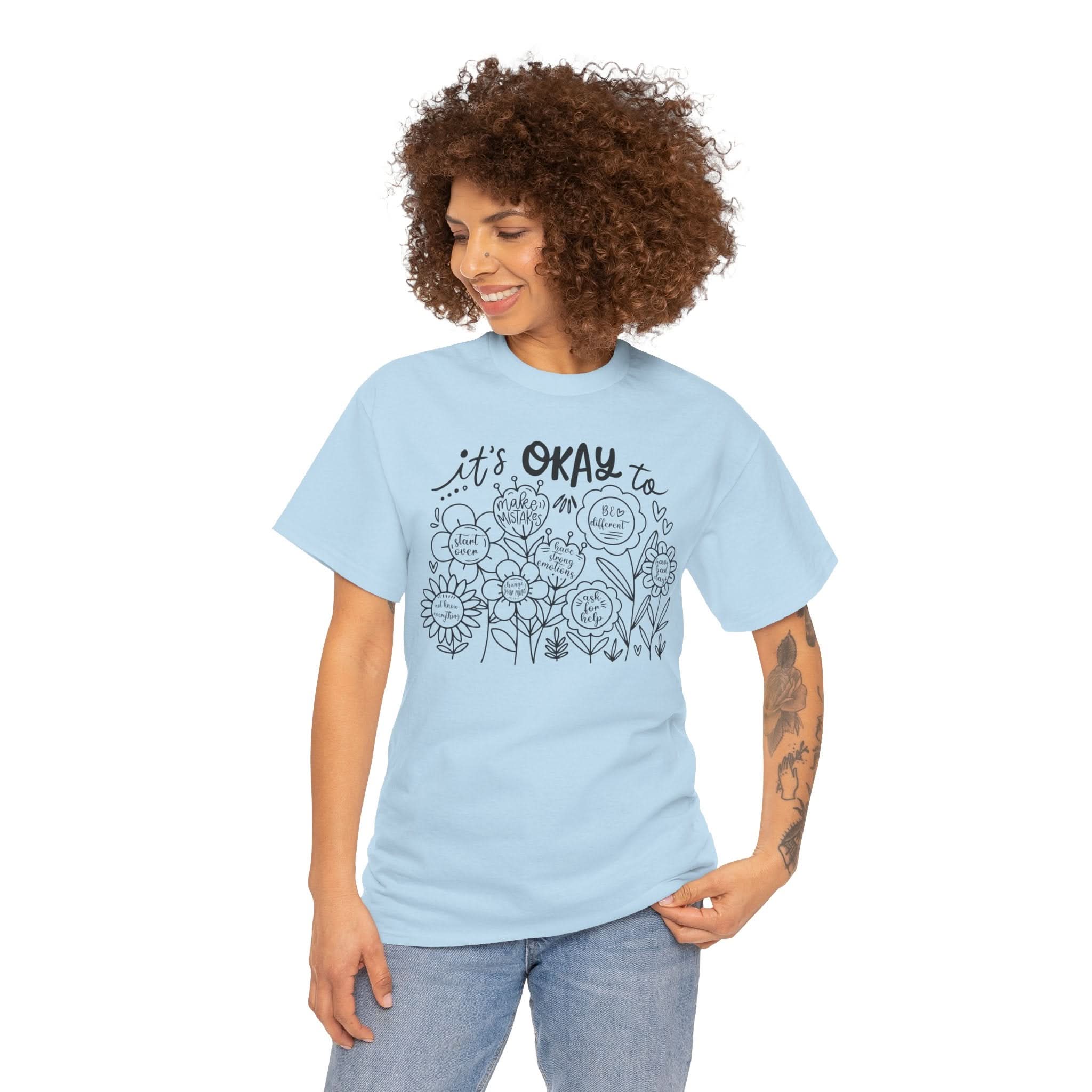 Floral Motivational Tee, It's Okay to Blossom T-Shirt, Positive Vibes Cotton Shirt, Self-Care Gift, Unisex Everyday Tee