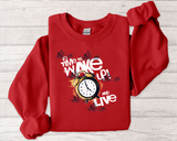 Crewneck Sweatshirt — "Time to Wake Up and Live" Alarm Clock Graphic